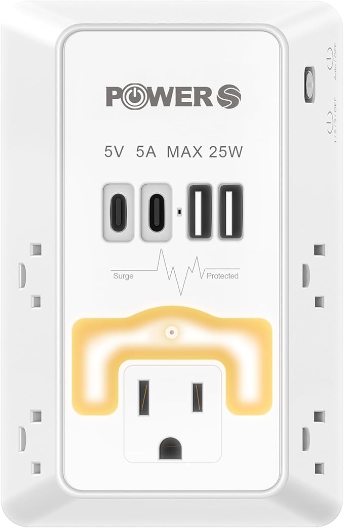 Multi Plug Wall Outlet with USB Ports(2C2A), Snug Wall Outlet with Night Light, Surge Protector, Wall Plug Adapter for Multiple Devices, Wall Socket Expander