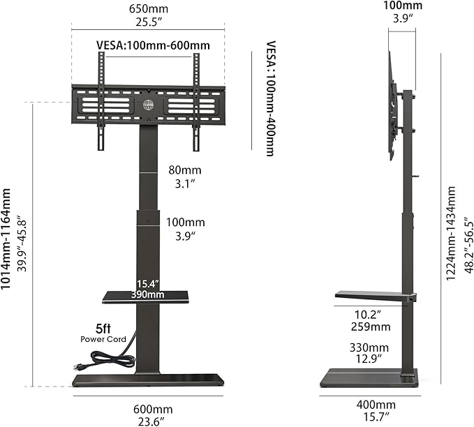 FITUEYES Floor TV Stand for 32-75 inch TV with Power Outlet, Tall TV Stand for Bedroom Living Room with Tempered Glass Base, Floor TV Mount Holds Up to 88lbs MAX VESA 600x400mm,Black