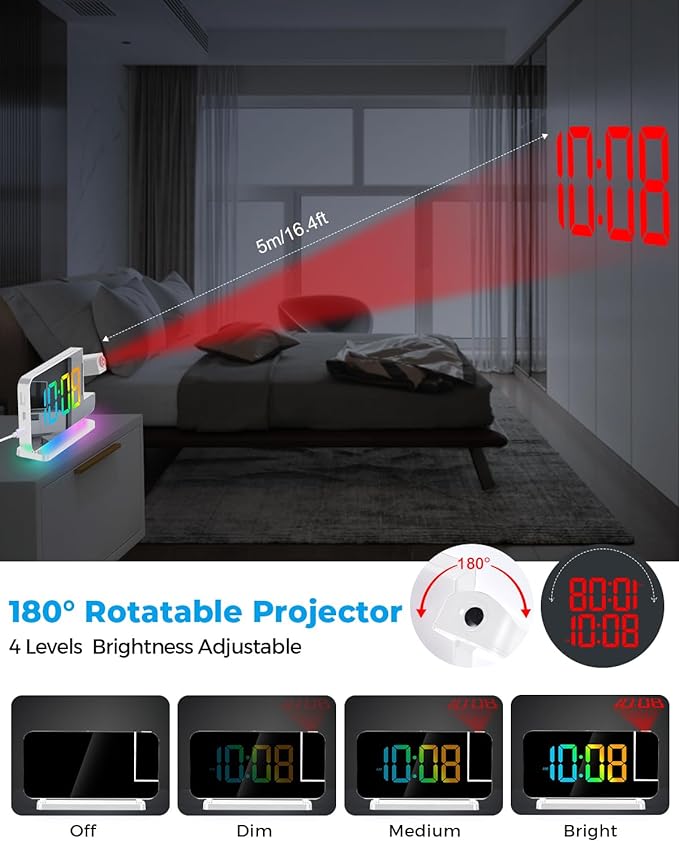 SZELAM Projection Alarm Clock,7.4" LED Mirror Digital Clocks Large Display,with 180° Rotatable Projector,RGB Night Light,USB C Port,Auto Dimming,Modern Desk Clock for Bedroom Decor - White