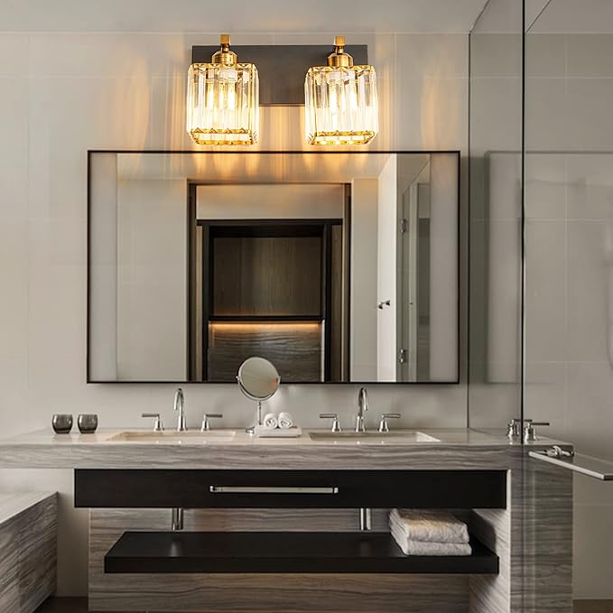 FDPBY Modern Bathroom Vanity Light 2-Lights Black Gold Crystal Bathroom Wall Light Vanity Light Fixtures，12.59-inch Modern Minimalist Design