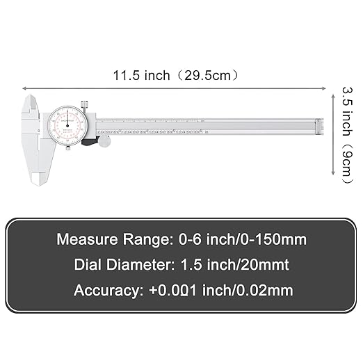 HDLNKAK Dial Caliper 0-6"/150mm Dual Reading Scale, Inch/Metric SAE Standard, Stainless Steel Caliper Measuring Tool Accurate to 0.001”/ 0.02 mm, Silver