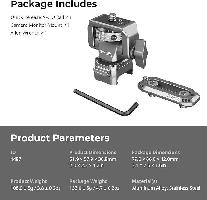SMALLRIG Quick Release Camera Monitor Mount with Integrated NATO Rail, Field Monitor Mount, Swivel 360° and Tilt 160° Adjustable, Camera NATO Monitor Holder, Max Payload 2.5kg, HawkLock H21-4487