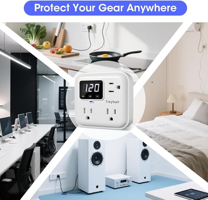 Surge Protector 3-Outlet Power Strip w/Advanced Voltage Protection, 80V-140V Power Surge Protectors for Refrigerator, TV, Computer | LED Display Voltage Monitoring Fireproof UL94V-1
