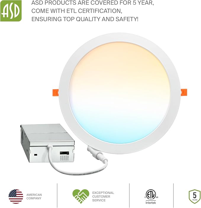 ASD 1 Pack 11/12 Inch LED Recessed Lighting 24W, 5 CCT 2700K-5000K CRI90+, IC Rated Ultra Thin Dimmable Ceiling Lights with J Box, Canless Wafer Downlight, Round Slim Panel Light, UL Listed, White