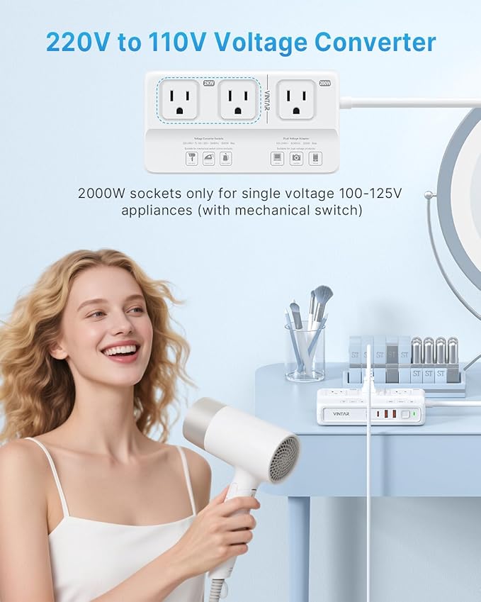 220V to 110V Voltage Converter, VINTAR 2000W Universal Travel Adapter Voltage Converter US to Europe, International Step Down Transformer Power Converters Adapter Combo for EU UK JP AU in SA