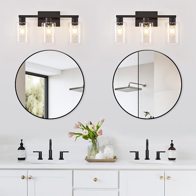 SOPEAS 3-Light Bathroom Vanity Light, Black Vanity Lights with Clear Glass Shades, Bathroom Wall Sconce Lamp for Mirror Living Room Bedroom Hallway
