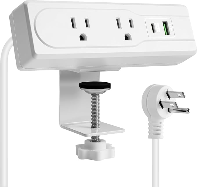 Desk Clamp Power Strip with 10Feet Extension Cord,45 Degree 3-Prong Thin Flat Plug, 2 Widely Spaced AC Outlets,2 USB Port (20W PD USB-C & 18W QC3.0 USB-A) Desk Edge Mount Power Strip,16AWG, ETL Listed
