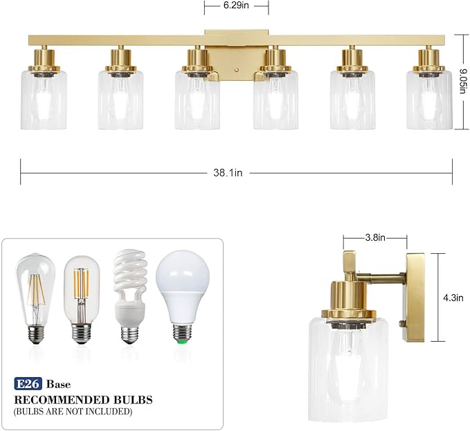 DIKAIDA 6 Light Gold Bathroom Vanity Light,Bathroom Light Fixtures, 38" Modern Brushed Gold Vanity Lighting Fixtures for Bathroom Over Mirror, Gold Sconces Wall Lighting for Bedroom