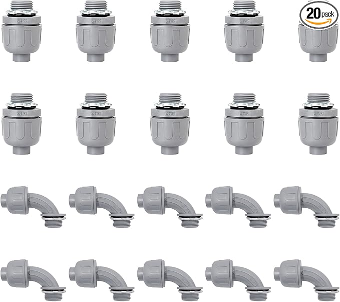 Wocloer 3/4 inch Liquid Tight Connector PVC Flexible Conduit Connector Kit,UL Listed,180 Degree and 90 Degree Connector Fittings 20 Pack(10 Pcs 180D/10 Pcs 90D)
