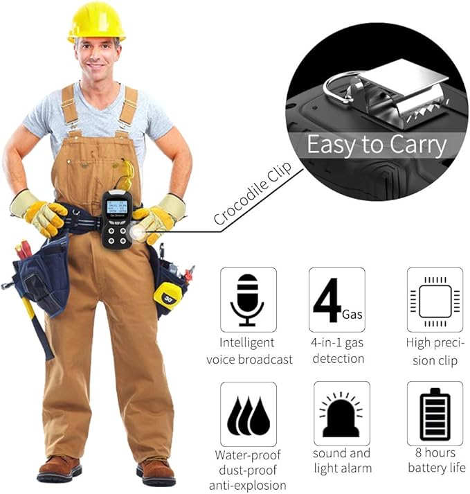 XLA Alert Portable Gas Detector, Gas Clip 4 Gas Monitor Meter Tester Analyzer, Rechargeable LCD Display Sound Light Shock Air Quality Tester, 2 Year Detector…