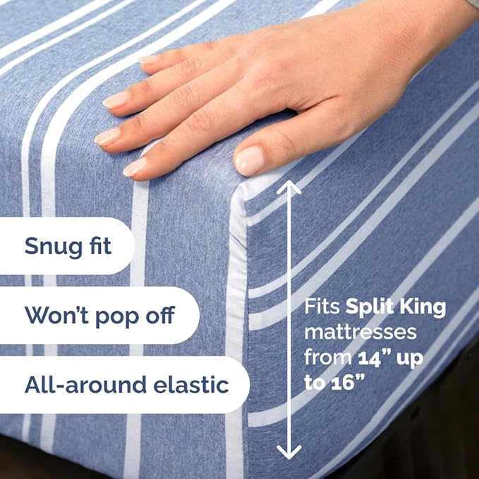 Split Head King Sheet Set – 4 Piece Flex Split Top King Sheets for Adjustable Beds - Fits 14” to 16" Mattress w/ Deep Pockets - Breathable & Cooling - Luxury Bedding and Wrinkle Free - Blue Stripes 2