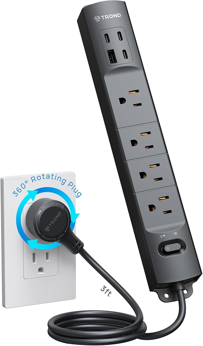 TROND 360° Rotating Plug Surge Protector, Power Strip with USB Ports, 3 USB C and 1 USB A, 1440 Joules, ETL Listed, 1625W, Wall Outlet Extender, 3ft Extension Cord for Home Office Dorm, Black