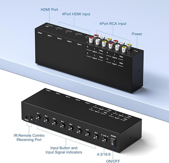 Azduou 4 AV Inputs + 4 HDMI 2.0 Inputs to HDMI Converter (8 in 1) with Upgrade New Version