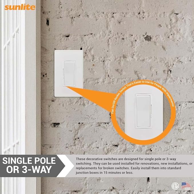 Sunlite LED Wall Rocker Style, Slide Bar Triac Dimmer Switch, Screwless Wall Plates Included, Single Pole or 3-Way Switching, 120 Volts, 200W Max for LED, 600W Max for Incandescent, White, 1 Pack