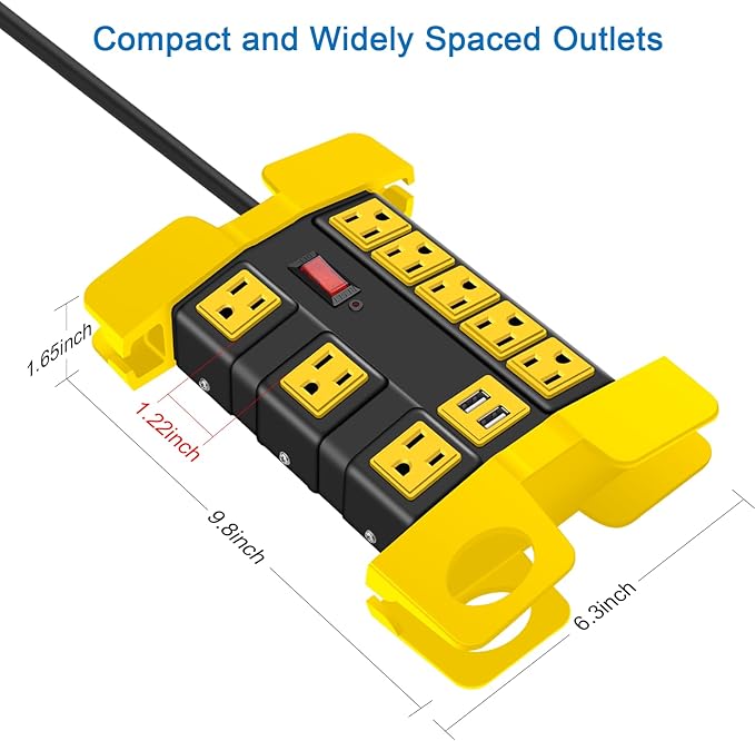 CCCEI Heavy Duty Power Strip with USB, Workshop 8 Outlet Surge Protector 2700 Joules, Industrial Metal 15Amp Power Strip, 20 FT Extension Cord and Wide Spaced Black.