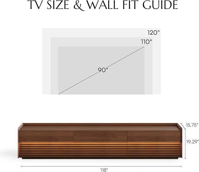POVISON Fully-Assembled Mid Century Modern TV Stand, 118.11" Wood Media Console with Adjustable LED Light, Entertainment Center with Storage for Living Room