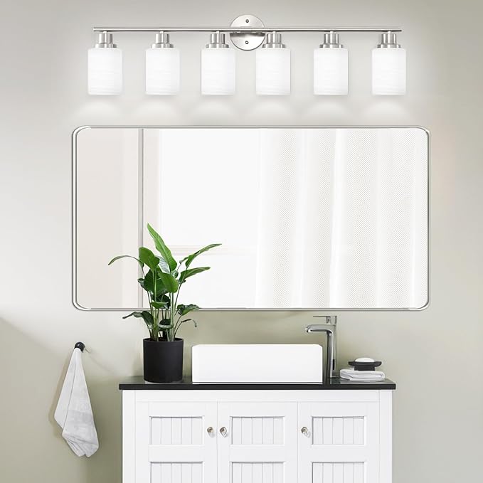 Guliaofo 6-Light Brushed Nickel Vanity Lights for Mirror, Bathroom Light Fixtures with Textured Milky White Glass Shade, Modern Kitchen Light Fixtures Wall Sconce Light - E26 Base