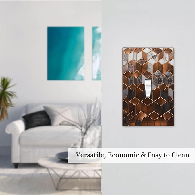 Bvtewkhz Brown Abstract Luxury Modern Geometric Cubic Marble 1 Gang Single Toggle Decorative Light Switch Covers Electrical Faceplate Switch Plates for Bathroom Kitchen Home