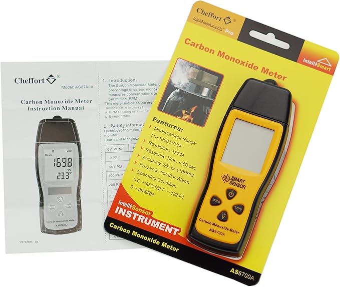 Cheffort Handheld Carbon Monoxide Meter, Portable Carbon Monoxide Detector, Professional-Grade CO Gas Tester with LCD Backlit Display, 0-1000PPM Range for Industrial and Home (Battery Not Included)