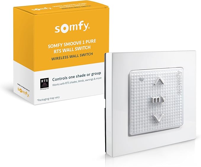 Somfy Smoove 1 RTS Pure - 1-Channel Wall Mount Switch for RTS Motorized Shades, Curtains, and Blinds - Mounts Easily to Wall or Surface - Easy to Install, No Electrician Needed - #1811533