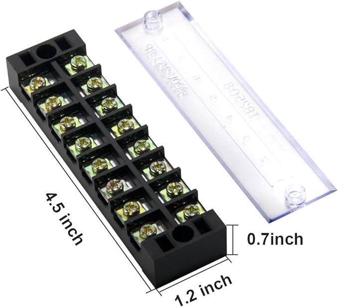 MILAPEAK Terminal Block and Strip - 4 pcs 8 Positions 600V 25A Dual Row Screw Terminals Strip with Cover + 8 pcs 400V 25A 8 Positions Pre-Insulated Terminal Barrier Jumper Strips Black & Red