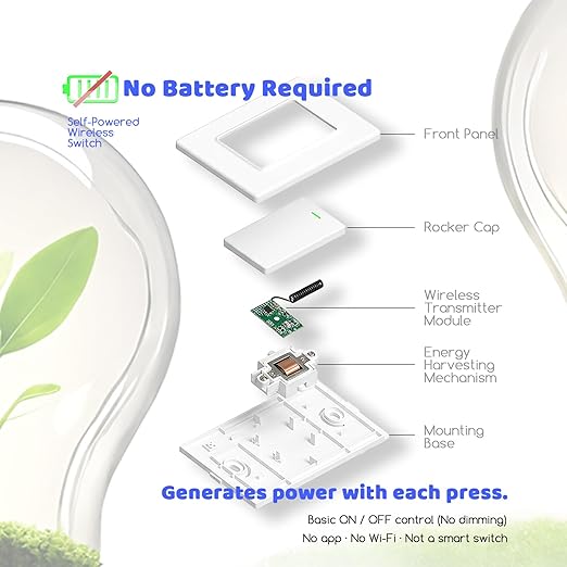 Avorecta Wireless Light Switch and Receiver Kit(1v1), Self-Powered (No Battery Required) Remote Control Lighting Switch, No WiFi Needed, for Indoor Outdoor Light Fixtures