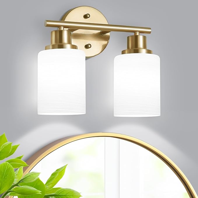 Guliaofo 2-Light Vanity Lights, Brushed Gold Bathroom Light Fixture with Striped Textured Milky White Glass Shade, Modern Vanity Lighting Fixture for Bathroom Wall Light Over Mirror, E26 Wall Sconce