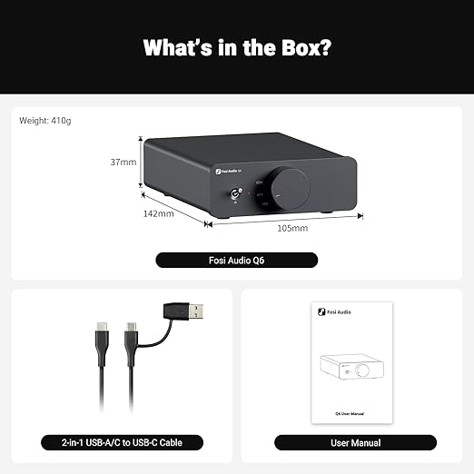 Fosi Audio Q6 Mini Desktop DAC, USB C Digital to Analog Audio Converter for Home Stereo Amplifier and Headphone Amp, Optical/Coaxial Input, RCA Output/Sub-Out, High-Resolution 32bit/768kHz DSD512