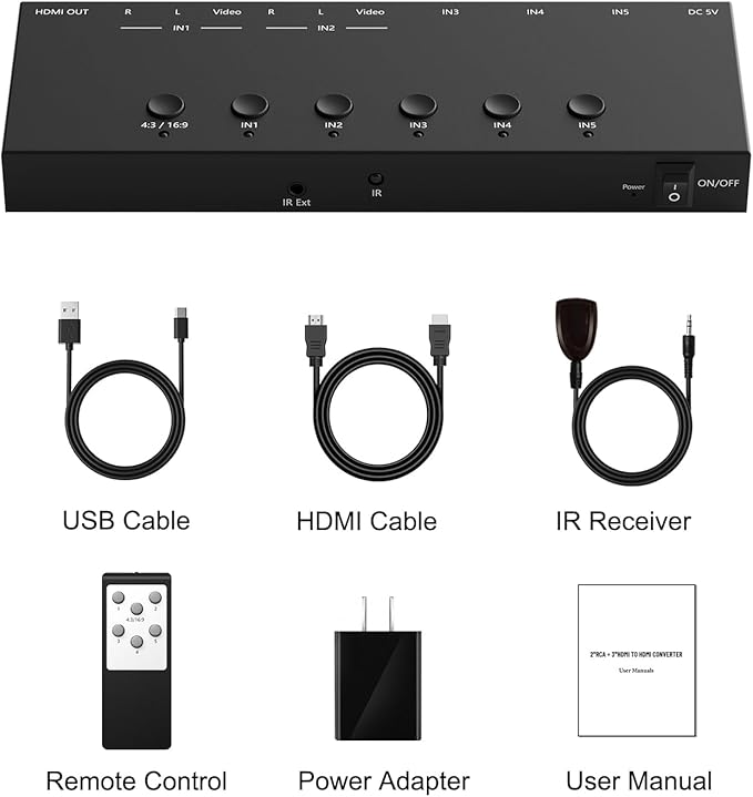 Dingsun 3 Way HDMI 2.0 to HDMI Switcher + 2 Way RCA to HDMI Converter for Fire Stick，ROKU, N64, NGC, Wii, PS2/3/4/5, Xbox Series, Xbox ONE, Switch ect.