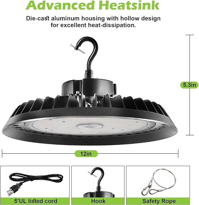 UFO Led High Bay Light 150W 2250lm 5000K 1-10V Dimmable High Bay Led Shop Lights ETL Listed US Hook 5' Cable Led High Bay Lights Alternative to 650W MH/HPS for Shop Warehouse Gym Factory