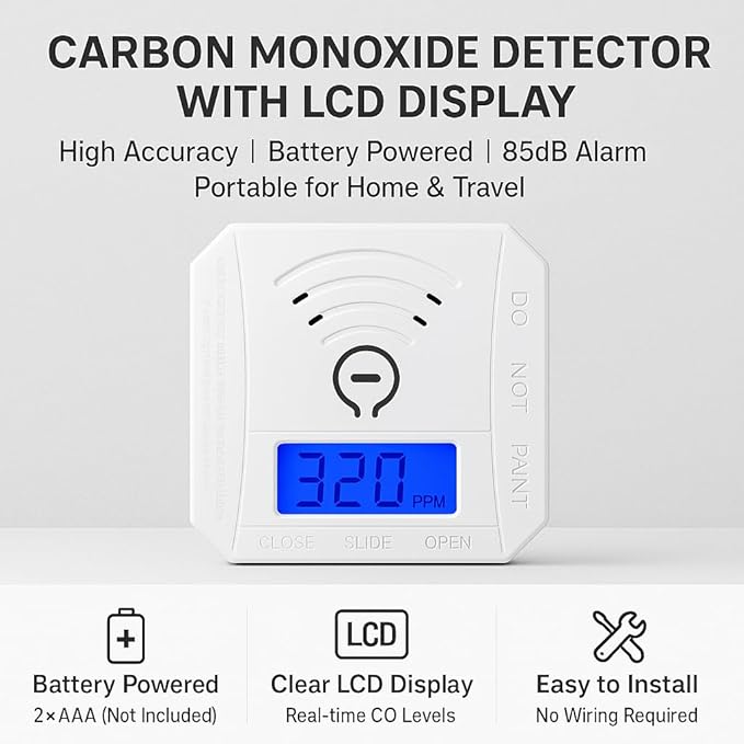 Carbon Monoxide Detector 2 Pack,Battery Operated CO Detector Alarm with Digital LCD Display & Loud 85dB Alarm,Travel Carbon Monoxide Alarm，High Accuracy Portable CO Detector for Home/Hotel/Kitchen/RV