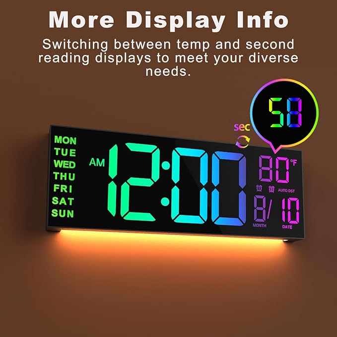 JALL 13" Large Digital Wall Mount Clock, Count Down Timer, Alarm, Big LED, 8 RGB Color, DST, Temperature for Living Room Classroom Desk, Xmas, Birthday Gift for Senior Mom Dad