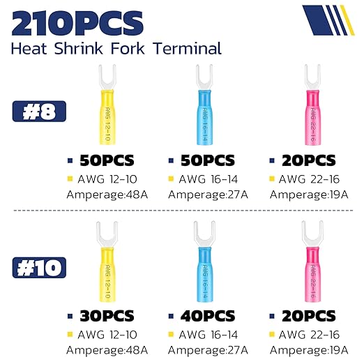 haisstronica 210PCS Heat Shrink Fork Spade Connectors #8#10 Waterproof Marine Grade Fork Terminal Connectors U-Type Blue Red Yellow 22-10 Gauge