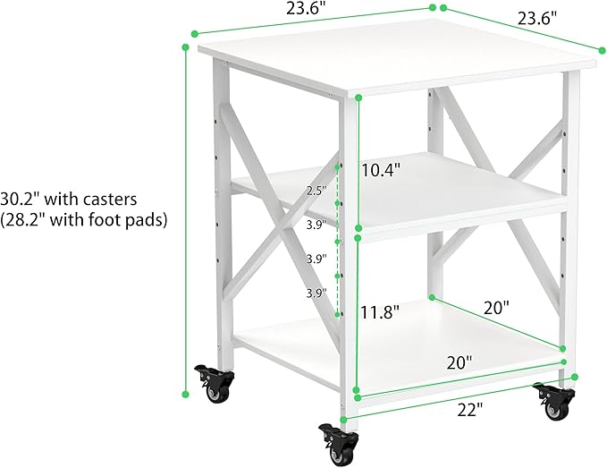 Printer Stand, 23.6 x 23.6 Inches Large Printer Stand with Adjustable Storage Shelf, 3 Tier Printer Table for Home Office, Rolling Printer Cart with Industrial Wheels, Mini Fridge Stand Table, White