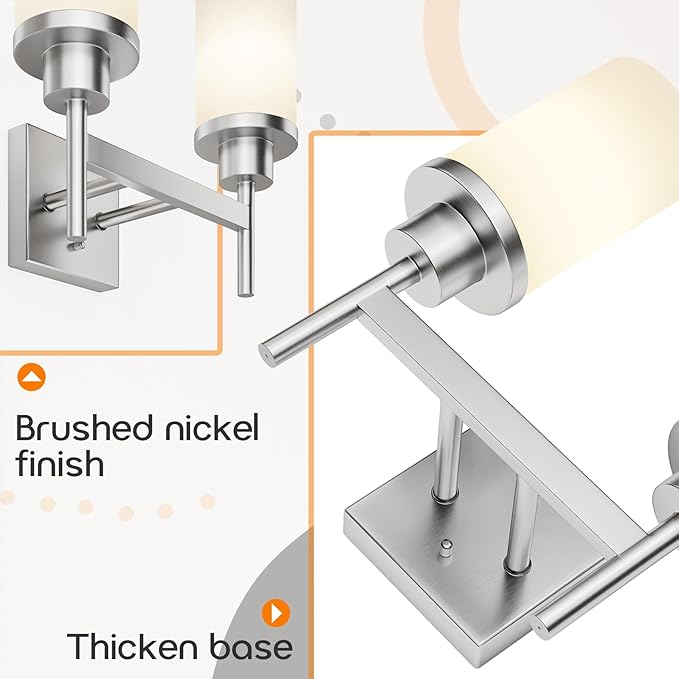 AONEON Bathroom Light Fixtures Brushed Nickel Vanity Lights with White Frosted Glass Shade, Double Wall Lamps for Mirror Kitchen Living Room Porch T001BR-L2