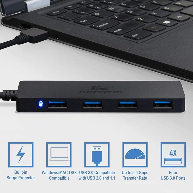 Kingwin USB Hub 4 Port USB 3.0 Data Hub for Mobile SSD, MacBook, Mac Pro/ Mini, iMac, Chromebook, Surface Pro, USB Flash Drives, Notebook PC, XPS, and More [Ultra Slim]