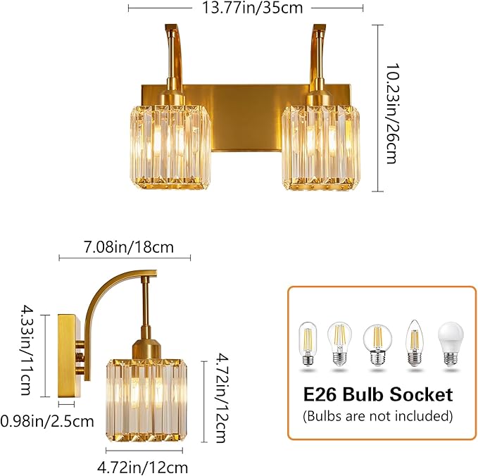 FDPBY Crystal Vanity Lights 2-Light Gold Wall Lamp Modern Crystal Bathroom Light Fixtures Over Mirror 13.77" Long Bathroom Wall Sconce