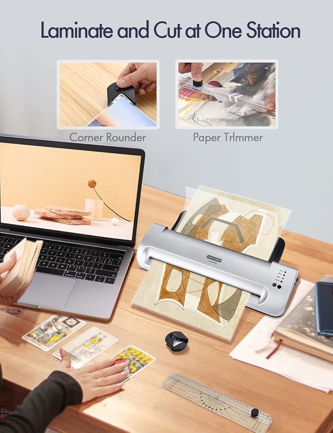 SINOPUREN 13-Inch Thermal & Cold Laminator Machine, Quick Warm-Up, 3 Temp Settings, Jam-Free ABS, Built-in Paper Trimmer & Corner Rounder, 10 Laminating Pouches, for Home Office School