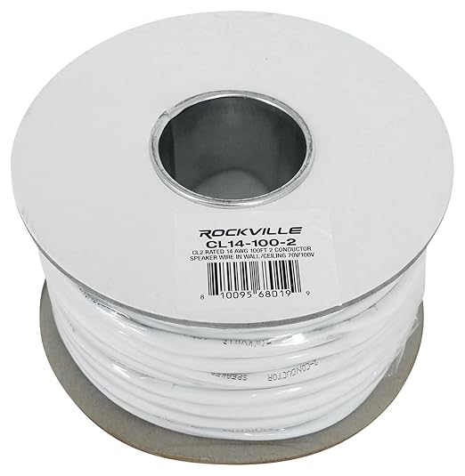 Rockville CL14-100-2 14 AWG 100ft Speaker Wire, CL2 Rated, 70V/100V Compatible, in-Wall/Ceiling, Oxygen-Free Copper, Low Resistance, Perfect for Home and Commercial Audio