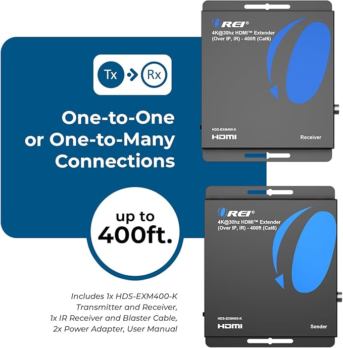 OREI 4K HDMI Extender Over IP CAT6-4K@30Hz One to Many Upto 400 Feet, Loop Out - Send to Multiple Location Over 1G Switch (HDS-EXM400-K)