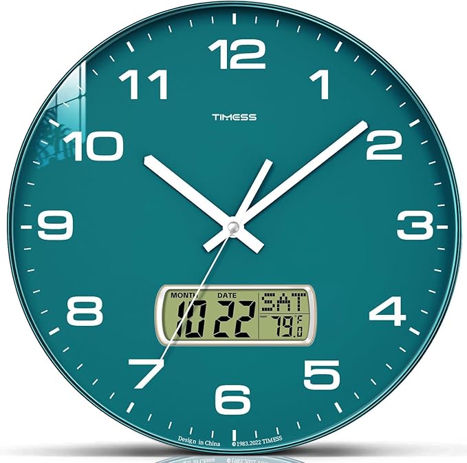 TIMESS Wall Clock, 13" Dial Non-Ticking Silent Battery Operated Analog with LCD Display for Perpetual Calendar and F° Temperature, Ideal Modern Home, Office Decor (Green)