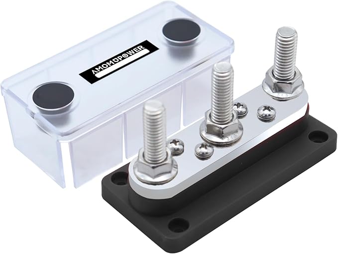 AMOMD 300A Bus Bars 3 Terminal Studs (3/8 inch) M10 4 8#-32 Screws Nickel Plated Copper Distribution Block Negative Electrical Buss Bars 12-48 V DC with Cover for Trailer Marine Boat Car RV (Black)