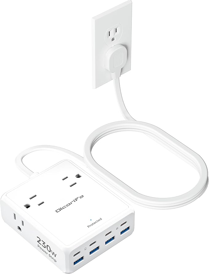 Olcorife 230W USB Power Strip, Ultra Thin Flat Plug Extension Cord 5FT, 4 AC Outlets 8 USB Ports(4 USB-C&4 USB A), 2000J Surge Protector, Home Office Dorm Travel Essentials