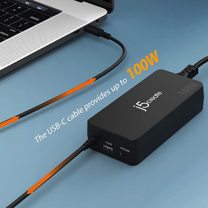 j5create 108W USB Type C PD Super Charger for MacBook Pro, Chromebook, Laptop, Notebook, Tablet, Android, iPhone, iPad Pro, Smart Phone (JUP34108)