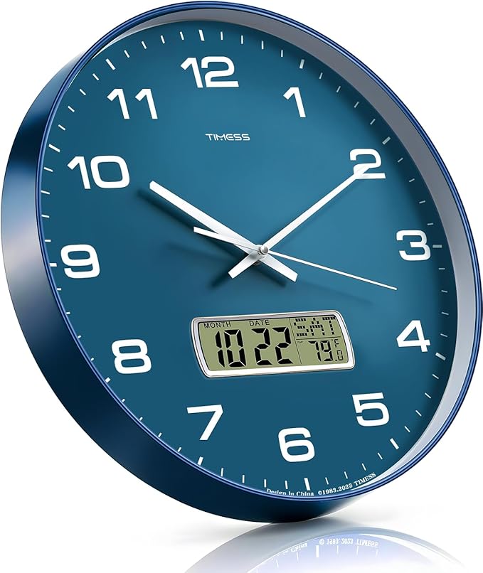 TIMESS Wall Clock, 10" Dial Non-Ticking Silent Battery Operated Analog with LCD Display for Perpetual Calendar and F° Temperature, Ideal Modern Home, Bedroom, Kitchen, Office Decor (Blue)