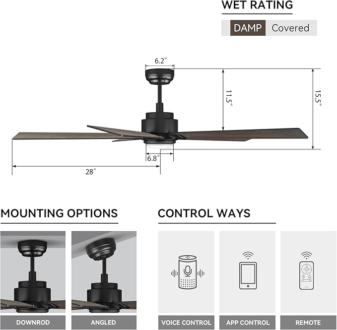 SMAAIR Smart Ceiling Fan with Light, 56inch Indoor and Outdoor ceiling fan with Remote, Compatible with Alexa/Google Assistant/Siri Shortcut, App control with Timer and Schedule(Walnut/Light Wood)