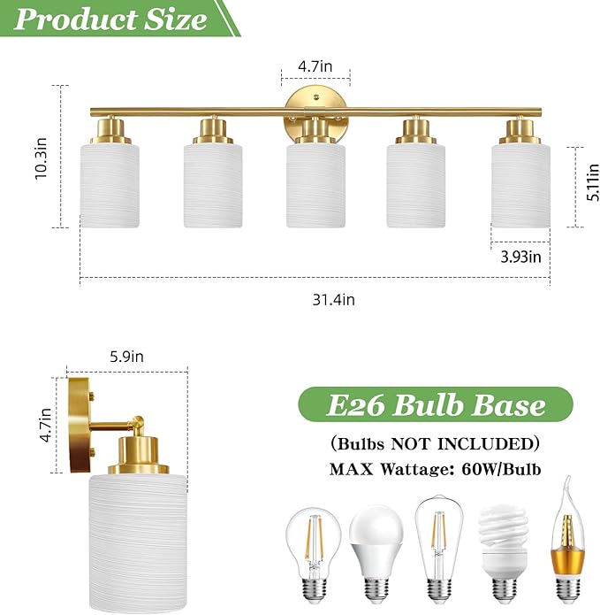 Guliaofo 5-Light Vanity Lights, Brushed Gold Bathroom Light Fixture with Striped Textured Milky White Glass Shade, E26 Modern Vanity Lighting Fixture for Bathroom Wall Sconce Light Over Mirror