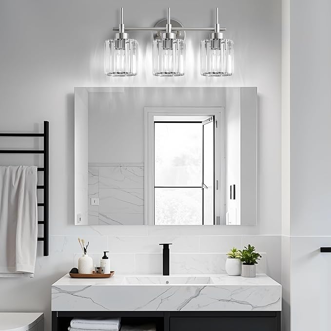 EJIAXIN 3 Light Crystal Bathroom Light Fixtures, Brushed Nickel Vanity Mirror Lights, Crystal Bath Vintage Wall Mounted Lamps Wall Light Fixtures for Bathroom, Living Room