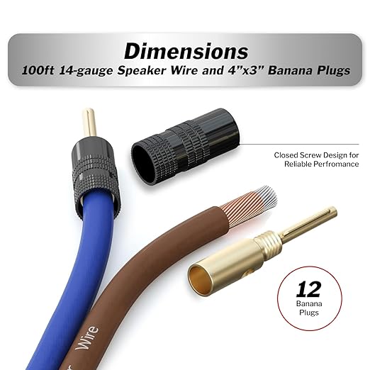 InstallGear 100ft 14 Gauge Speaker Wire with 12 Banana Plugs - Copper Clad Aluminum Cable for Clear Audio Sound - Easy-Install Car Speaker Wire and Home Theater Setup with Blue Black Jacket