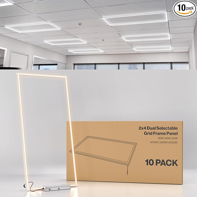 Sunco 10 Pack 2x4 Edge-Lit Frame LED Panel Lights, Drop Ceiling Flat Light Fixture, 5500 LM, Selectable Features, 30W/40W/50W, 4000K/5000K/6000K, Dimmable (0-10V) ETL